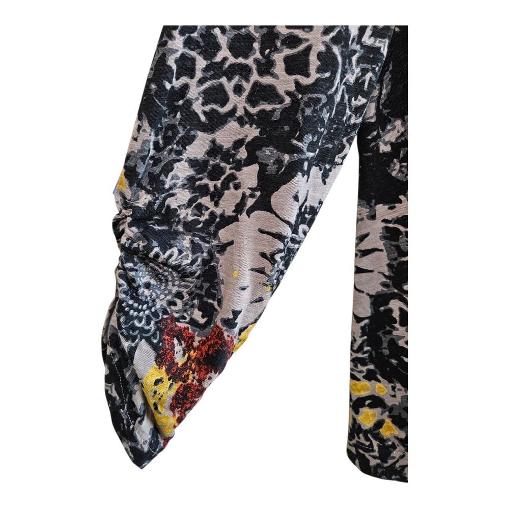HABITAT Women L Tunic Top Floral Black Red Yellow Ruched Sleeve Cotton 40" - Picture 4 of 7